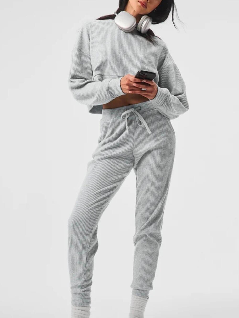 ALO Yoga Muse Ribbed Hoodie & Joggers Set In Gray, Medium Top & Small Jogger